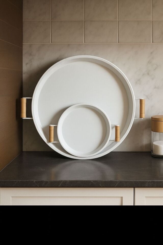 2'li (51 - 26 CM) Ahşap Kulplu Metal Tepsi Çay Tepsisi Kahve Tepsisi Sunum Tepsi Seti