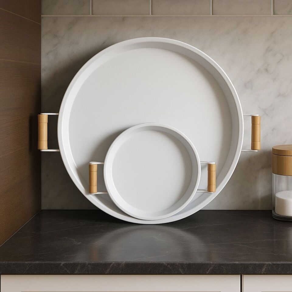 2'li (51 - 26 CM) Ahşap Kulplu Metal Tepsi Çay Tepsisi Kahve Tepsisi Sunum Tepsi Seti