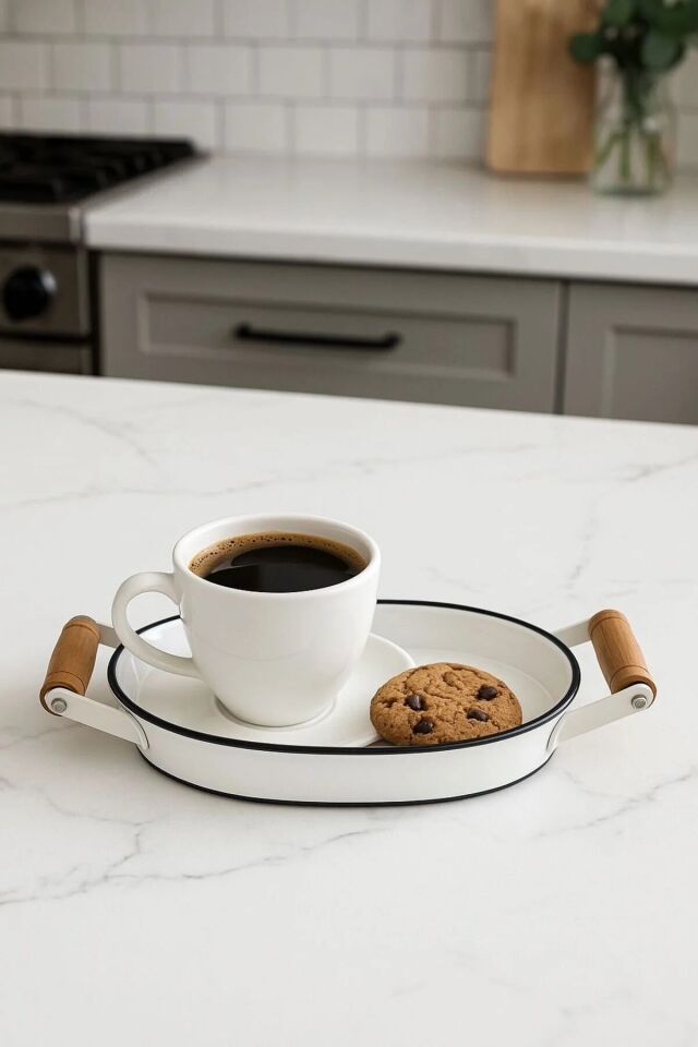 20 cm Ahşap Kulplu Country Tarzı Siyah Kenarlı Beyaz Küçük Boy Metal Tepsi