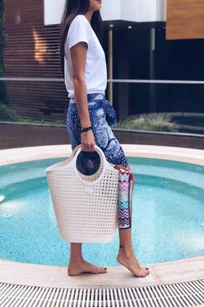 Arma House Örgü Desenli Büyük Boy Bej Rengi Plastik Plaj Çantası