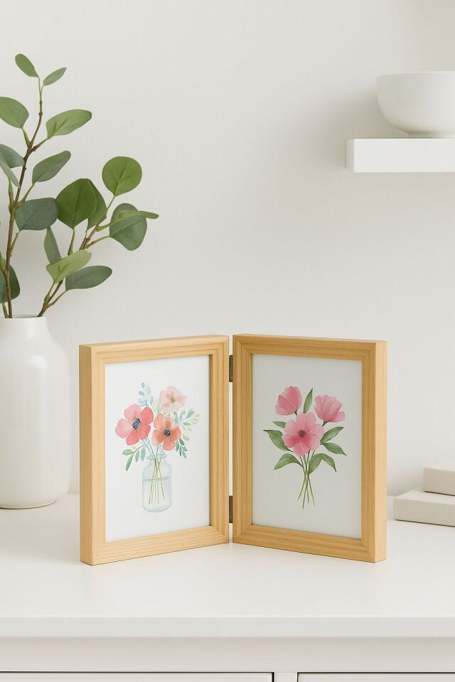 Doğal Ahşap İkili Fotoğraf Çerçevesi 10*15 cm