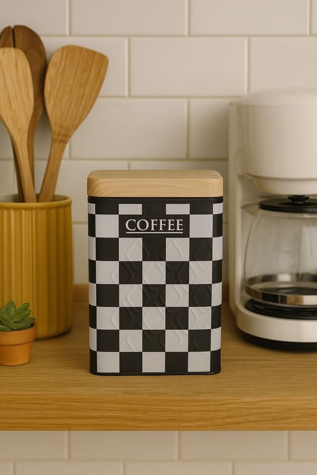 Ahşap Görünümlü Metal Kapaklı 1 Adet Gofreli Siyah Beyaz Damalı Kahve Saklama Kutusu & Kavanoz 17*11*8 cm