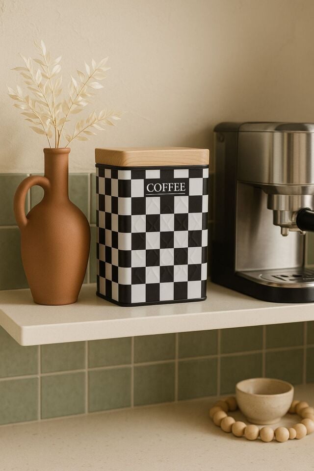 Ahşap Görünümlü Metal Kapaklı 1 Adet Gofreli Siyah Beyaz Damalı Kahve Saklama Kutusu & Kavanoz 17*11*8 cm