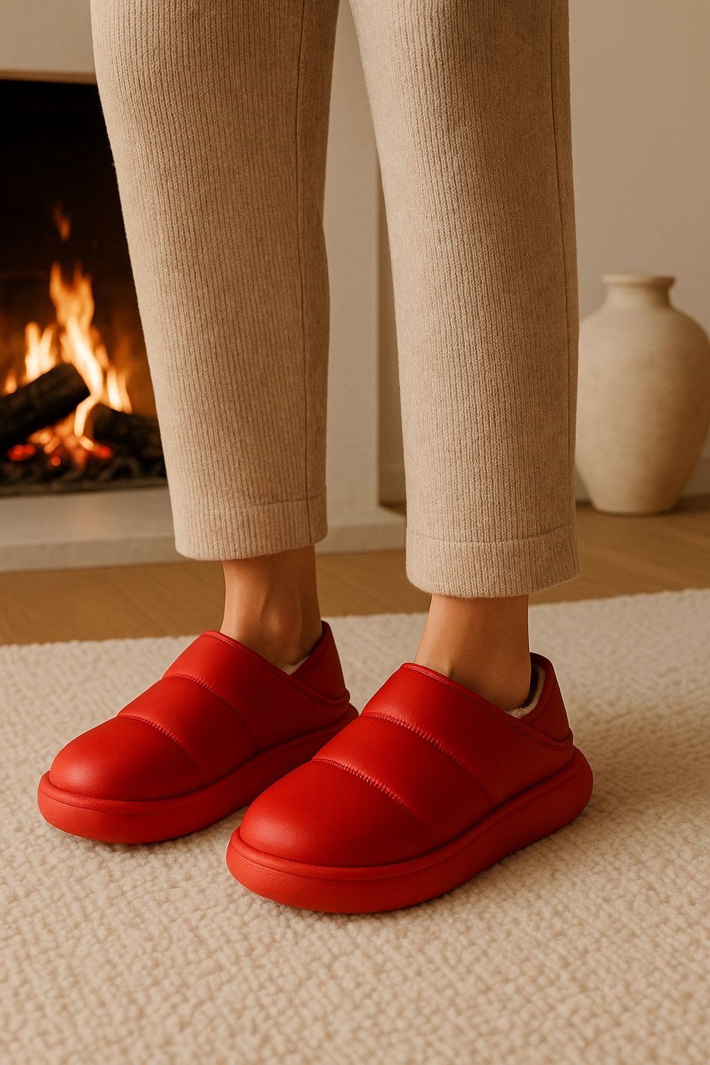 Peluş İçi Yünlü Kışlık Panduf Kırmızı Kadın Ev Terliği