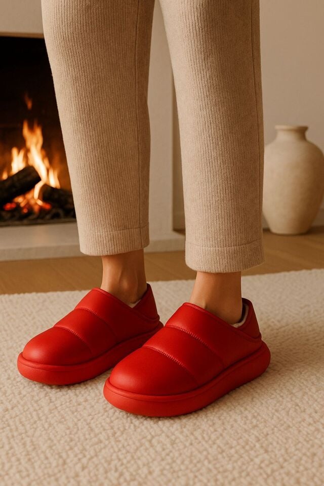 Peluş İçi Yünlü Kışlık Panduf Kırmızı Kadın Ev Terliği