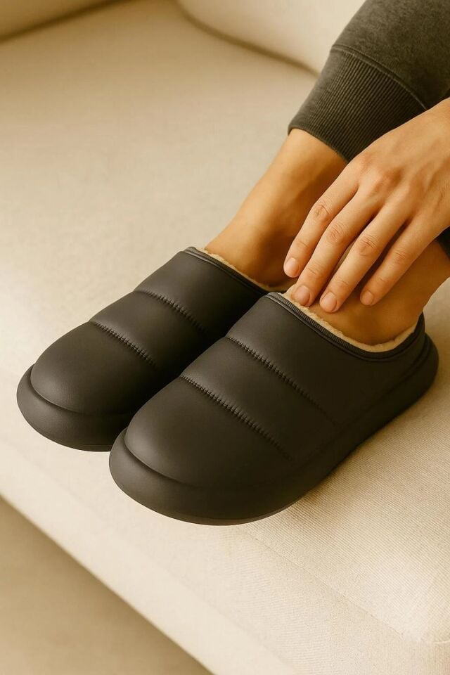 Peluş İçi Yünlü Kışlık Panduf Gri Erkek Ev Terliği