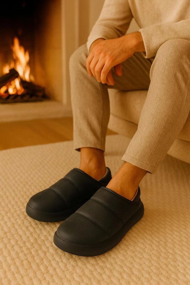 Peluş İçi Yünlü Kışlık Panduf Gri Erkek Ev Terliği