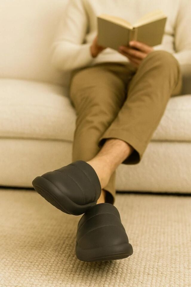 Peluş İçi Yünlü Kışlık Panduf Gri Erkek Ev Terliği