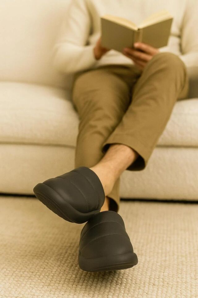 Peluş İçi Yünlü Kışlık Panduf Gri Erkek Ev Terliği