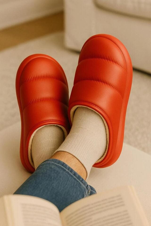 Peluş İçi Yünlü Kışlık Panduf Kırmızı Erkek Ev Terliği