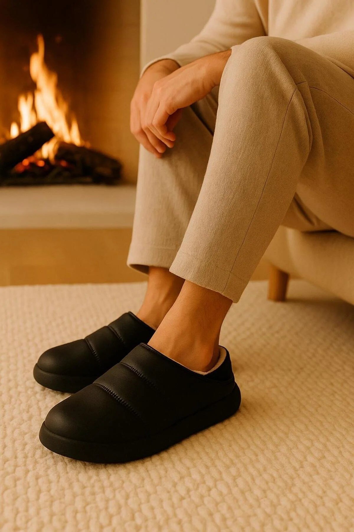 Peluş İçi Yünlü Kışlık Panduf Siyah Erkek Ev Terliği