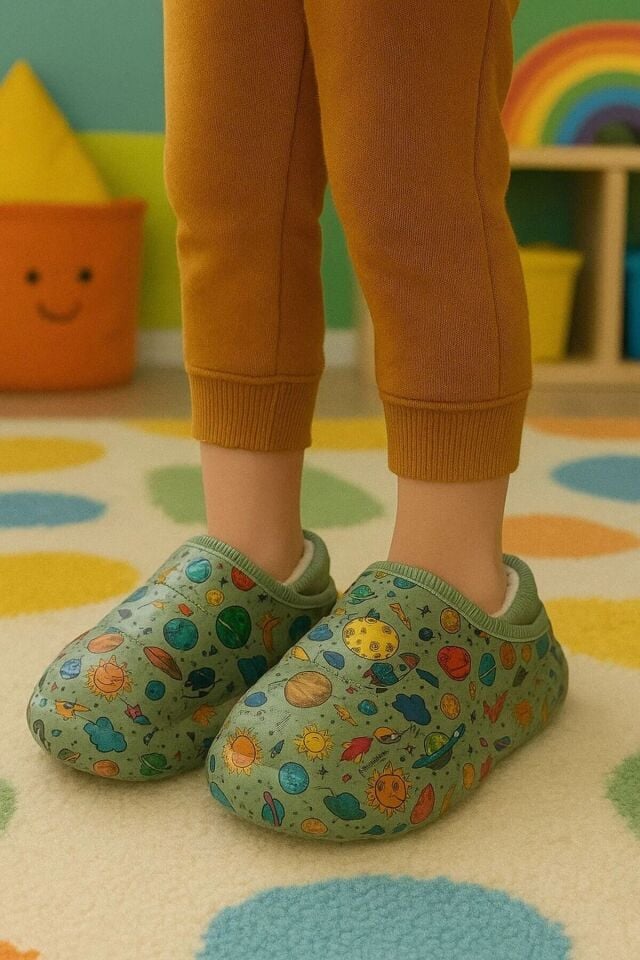 Peluş İçi Yünlü Kışlık Panduf Yeşil Gezegen Desenli Çocuk Ev Terliği