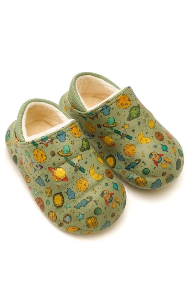 Peluş İçi Yünlü Kışlık Panduf Yeşil Gezegen Desenli Çocuk Ev Terliği