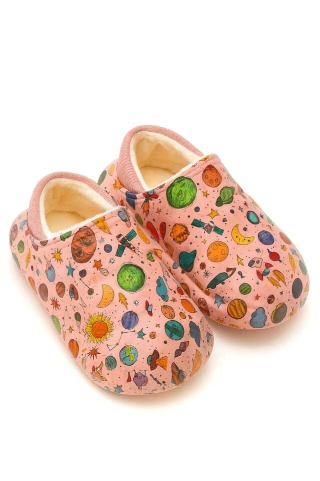 Peluş İçi Yünlü Kışlık Panduf Pembe Gezegen Desenli Çocuk Ev Terliği