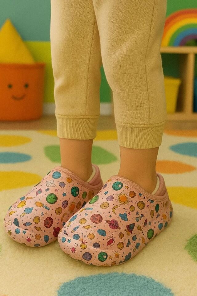 Peluş İçi Yünlü Kışlık Panduf Pembe Gezegen Desenli Çocuk Ev Terliği