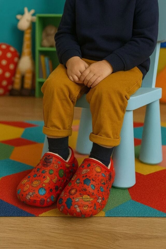 Peluş İçi Yünlü Kışlık Panduf Kırmızı Gezegen Desenli Çocuk Ev Terliği