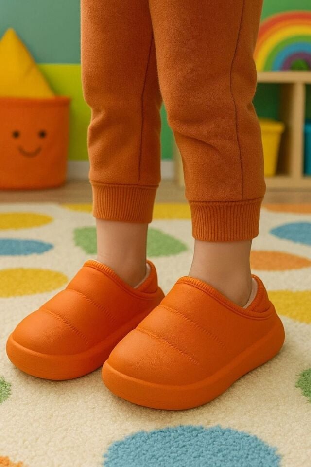 Peluş İçi Yünlü Kışlık Panduf Turuncu Çocuk Ev Terliği