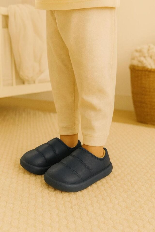 Peluş İçi Yünlü Kışlık Panduf Lacivert Çocuk Ev Terliği