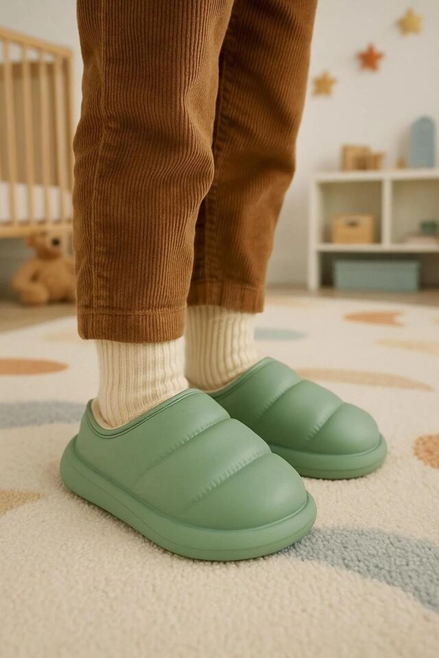 Peluş İçi Yünlü Kışlık Panduf Su Yeşili Çocuk Ev Terliği