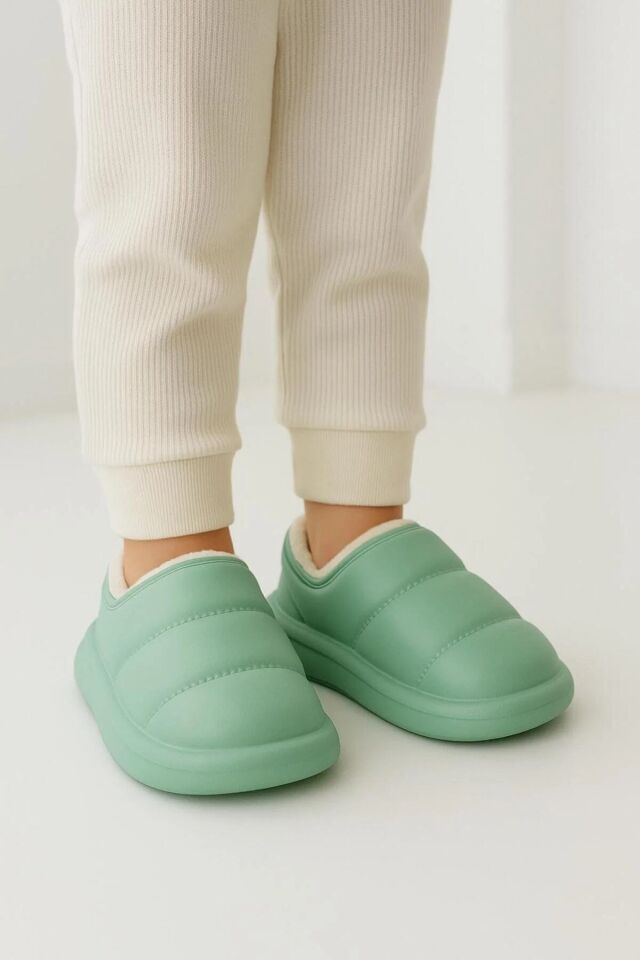 Peluş İçi Yünlü Kışlık Panduf Su Yeşili Çocuk Ev Terliği