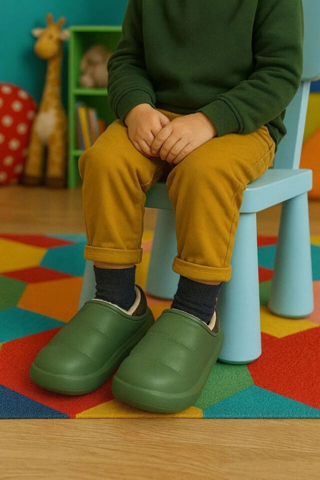 Peluş İçi Yünlü Kışlık Panduf Haki Çocuk Ev Terliği