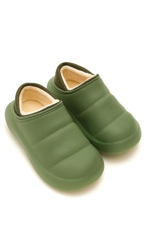 Peluş İçi Yünlü Kışlık Panduf Haki Çocuk Ev Terliği