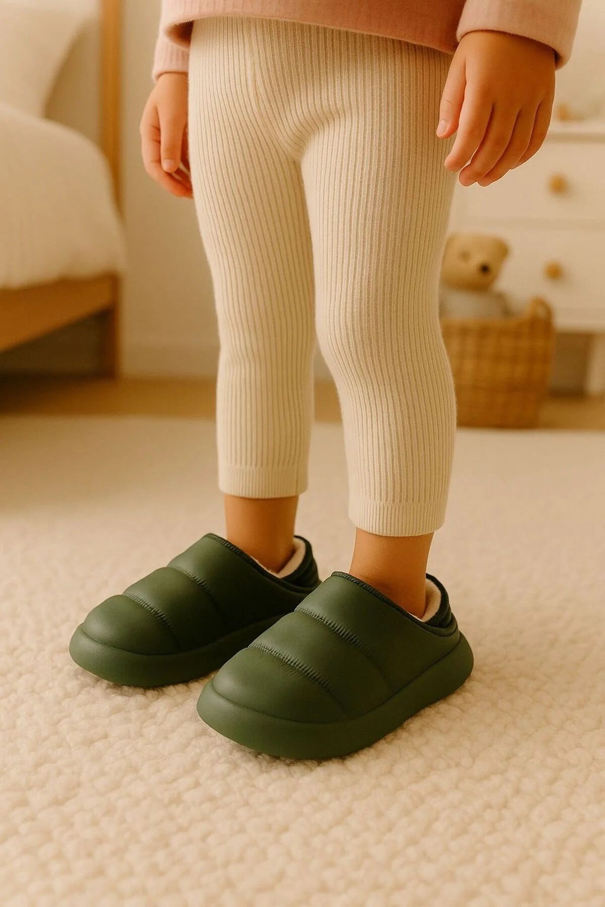 Peluş İçi Yünlü Kışlık Panduf Haki Çocuk Ev Terliği