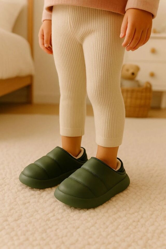 Peluş İçi Yünlü Kışlık Panduf Haki Çocuk Ev Terliği