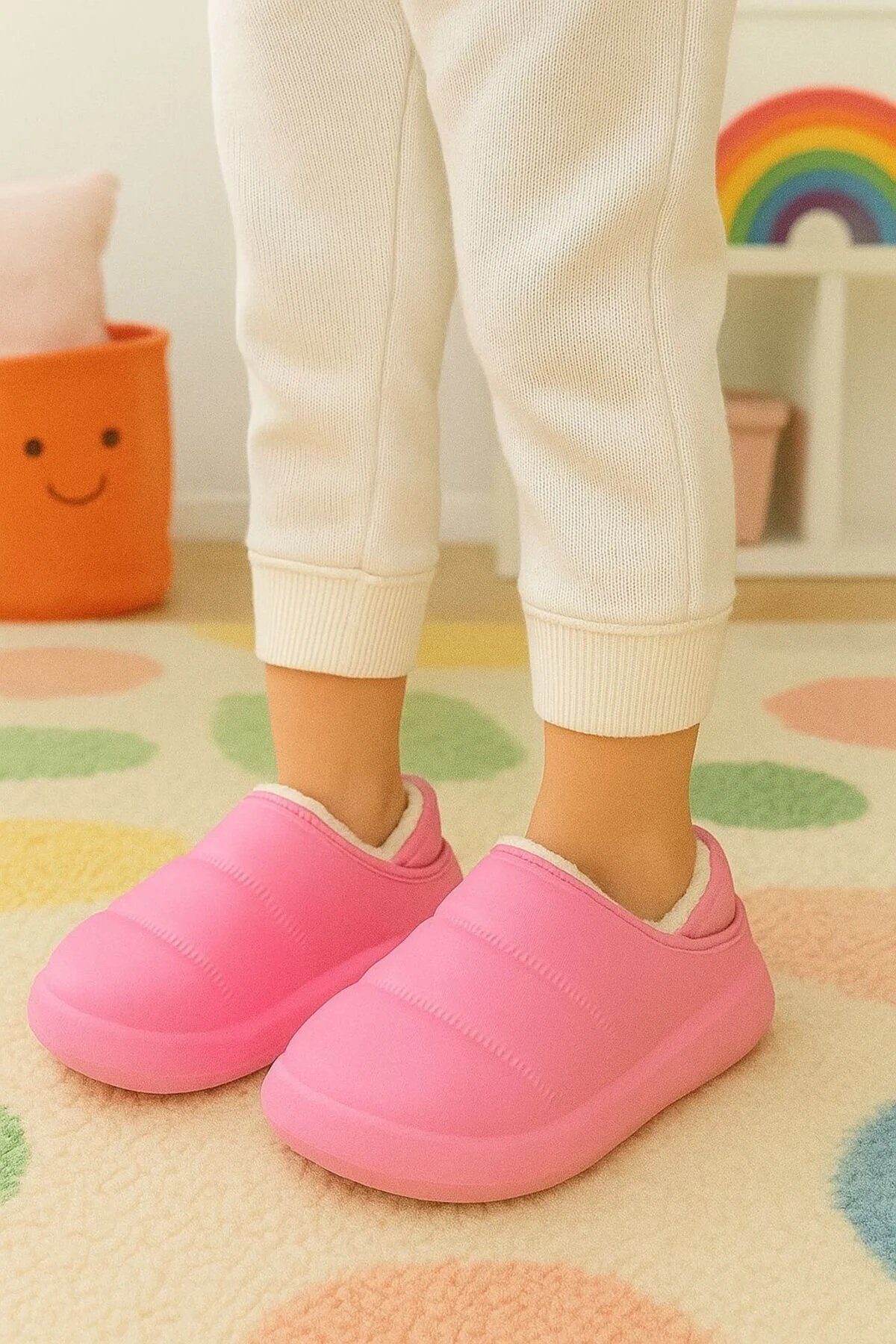 Peluş İçi Yünlü Kışlık Panduf Pembe Çocuk Ev Terliği