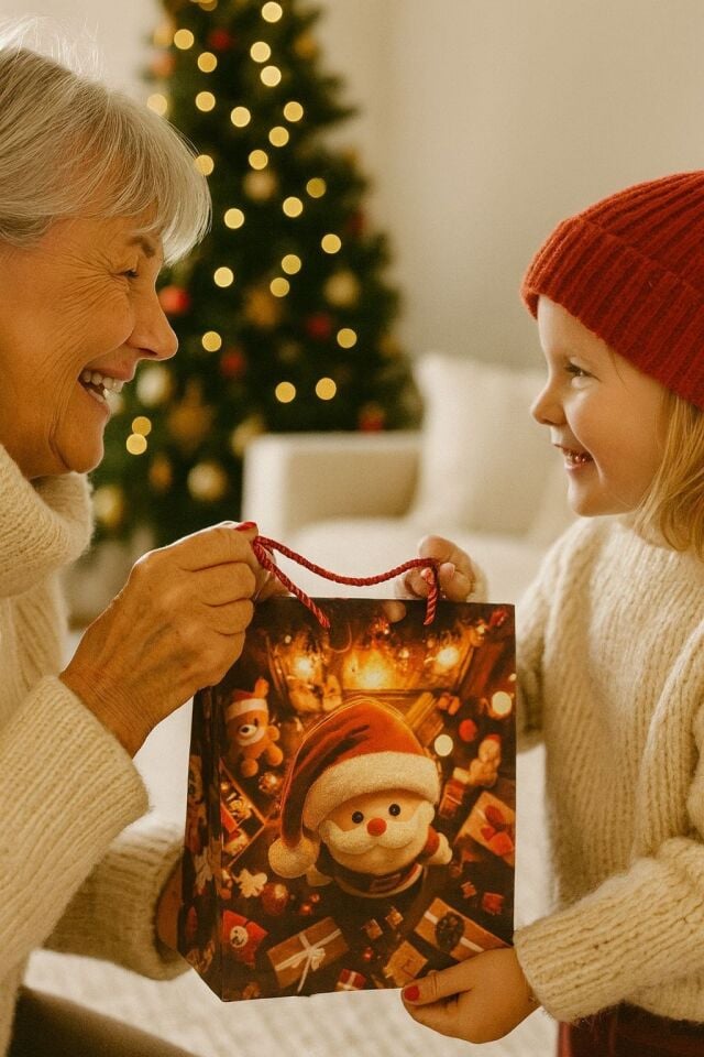 3 Boyutlu Büyük Noel Babalı Yılbaşı Temalı Hediye Paketi & Çanta & Poşet 40*30*12 cm