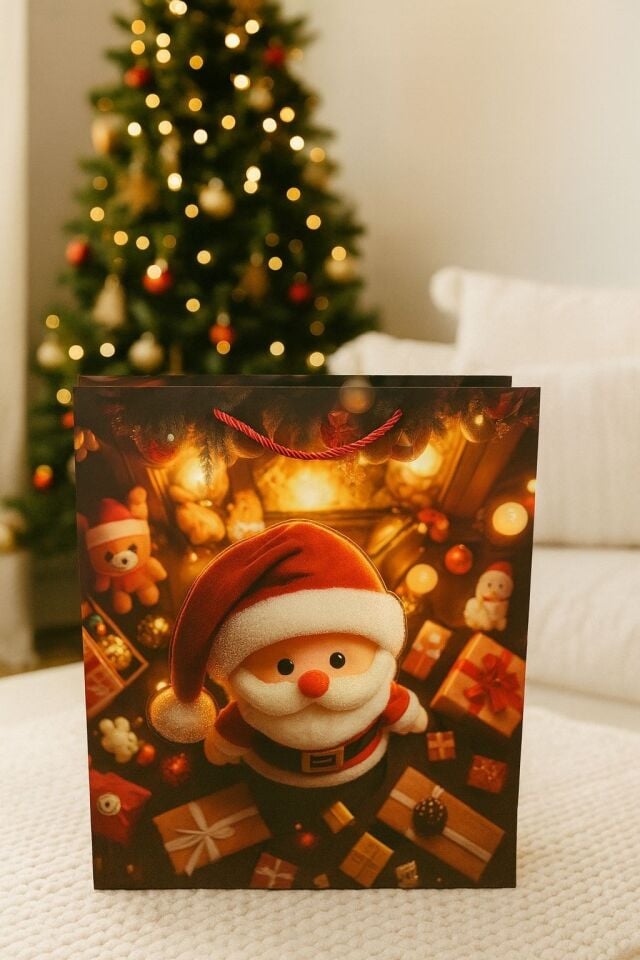 3 Boyutlu Büyük Noel Babalı Yılbaşı Temalı Hediye Paketi & Çanta & Poşet 40*30*12 cm