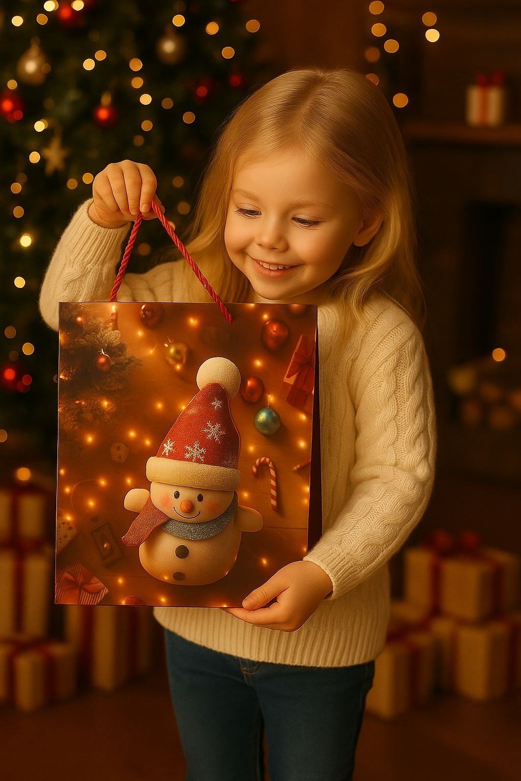 3 Boyutlu Büyük Kardan Adam Yılbaşı Temalı Hediye Paketi & Çanta & Poşet 40*30*12 cm