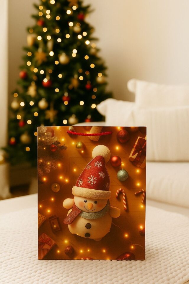 3 Boyutlu Büyük Kardan Adam Yılbaşı Temalı Hediye Paketi & Çanta & Poşet 40*30*12 cm