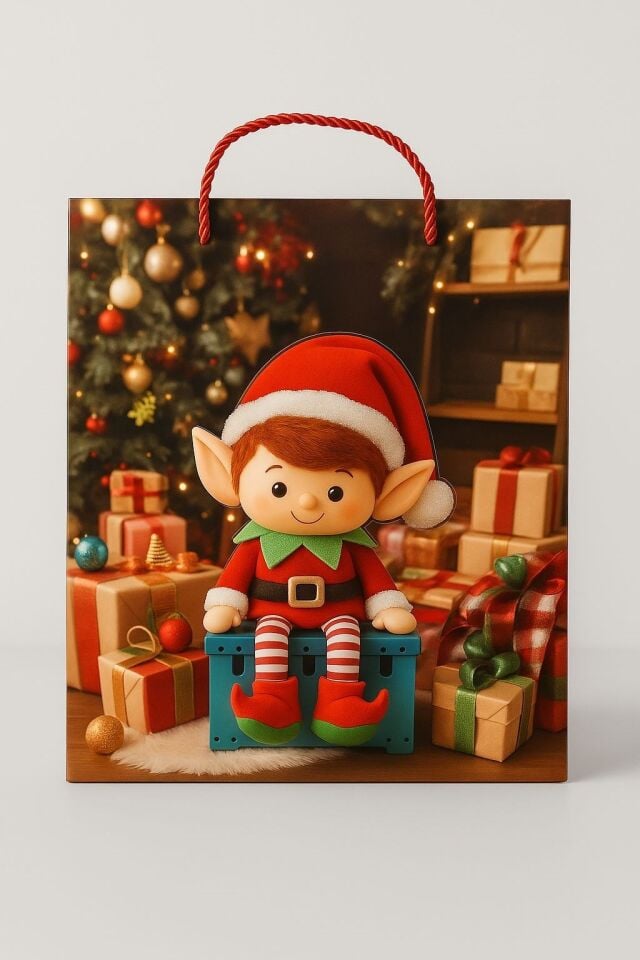 3 Boyutlu Büyük Elf Yılbaşı Temalı Hediye Paketi & Çanta & Poşet 40*30*12 cm
