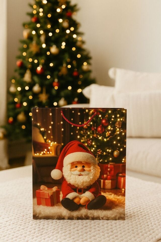 3 Boyutlu Küçük Noel Babalı Yılbaşı Temalı Hediye Paketi & Çanta & Poşet 23*18*10 cm