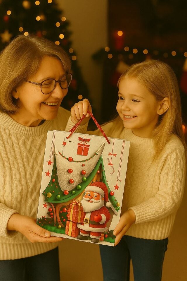 Karma 3 Boyutlu Büyük Noel Babalı Yılbaşı Temalı Hediye Paketi & Çanta & Poşet 40*30*12 cm