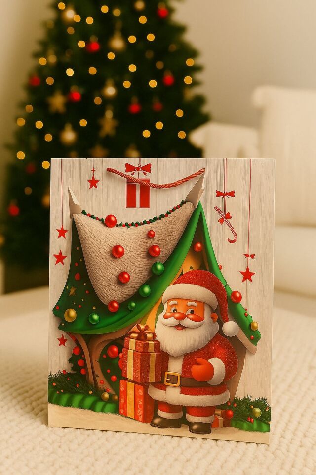 Karma 3 Boyutlu Büyük Noel Babalı Yılbaşı Temalı Hediye Paketi & Çanta & Poşet 40*30*12 cm