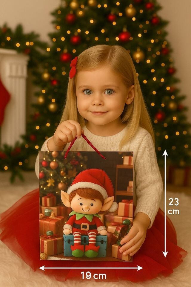 3 Boyutlu Küçük Elf Yılbaşı Temalı Hediye Paketi & Çanta & Poşet 23*18*10 cm