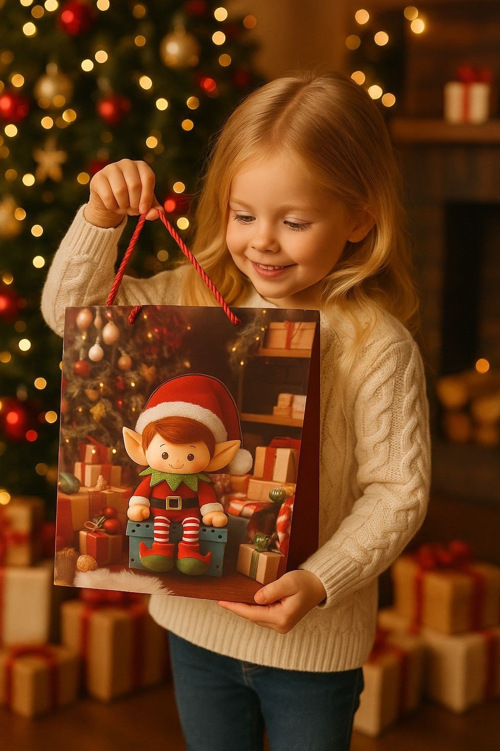 3 Boyutlu Küçük Elf Yılbaşı Temalı Hediye Paketi & Çanta & Poşet 23*18*10 cm