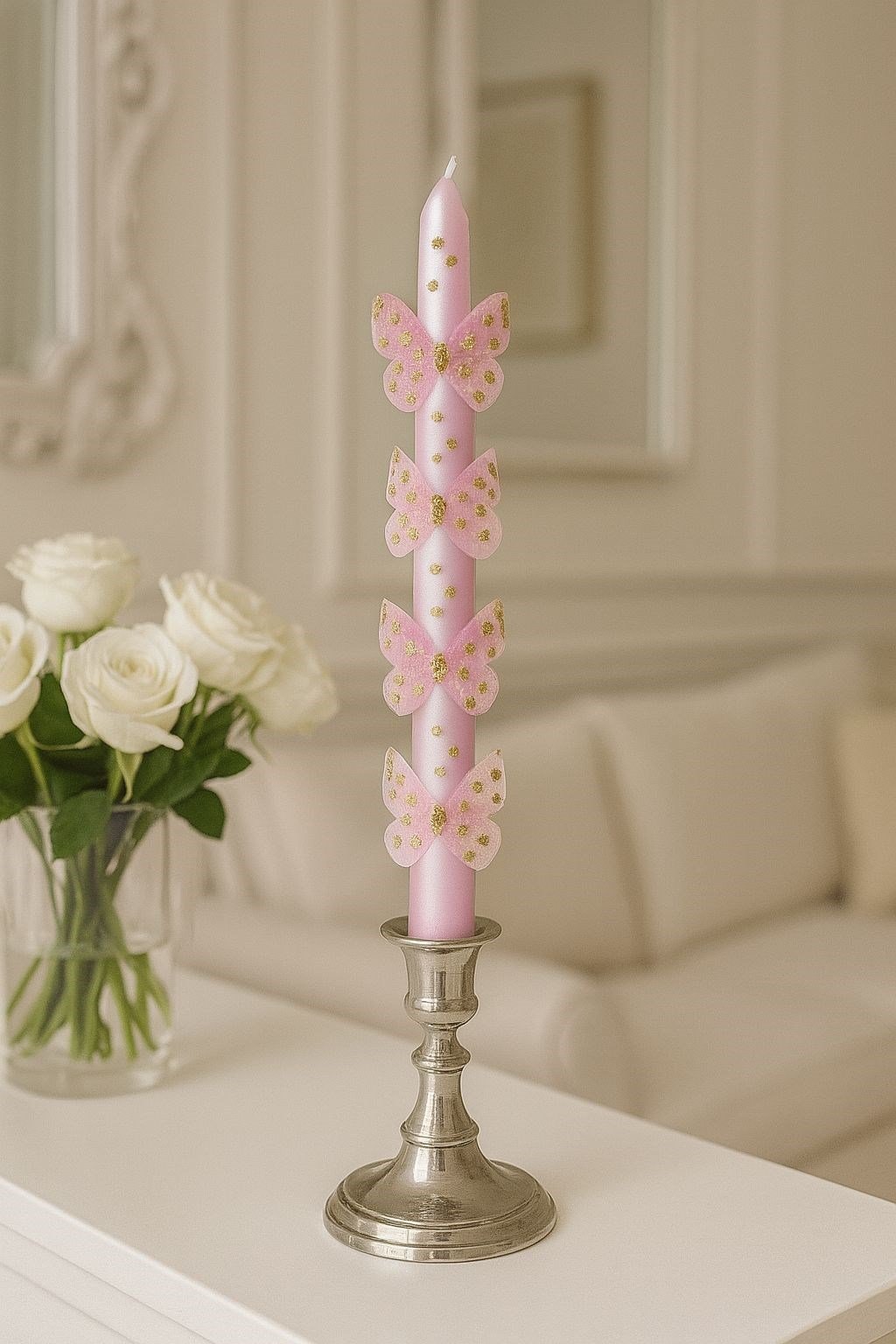 2'li Set Pembe Kelebekli Uzun Şamdan Mumu & Dekoratif Doğum Günü Mumu 25cm