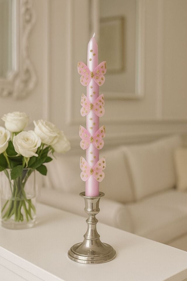 2'li Set Pembe Kelebekli Uzun Şamdan Mumu & Dekoratif Doğum Günü Mumu 25cm