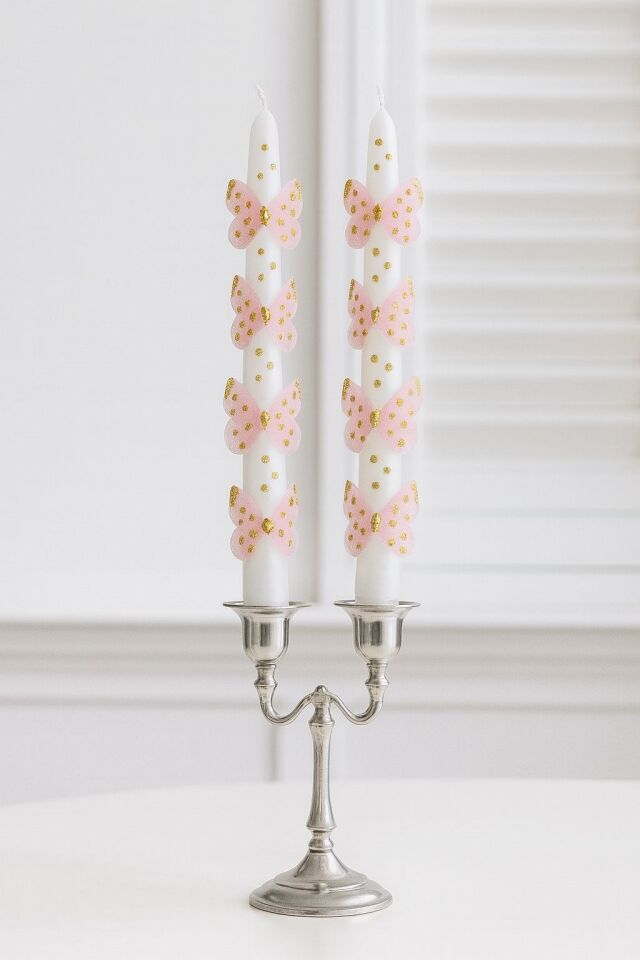 2'li Set Pembe Kelebekli Uzun Şamdan Mumu & Dekoratif Doğum Günü Mumu 25cm