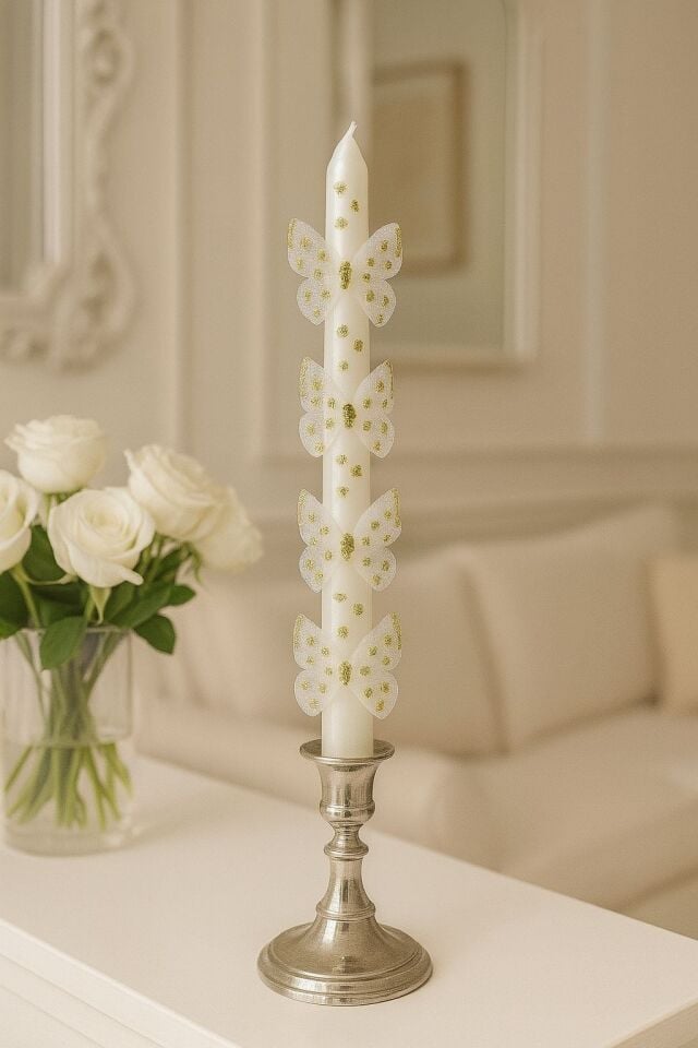 2'li Set Beyaz Kelebekli Uzun Şamdan Mumu & Dekoratif Doğum Günü Mumu 25cm