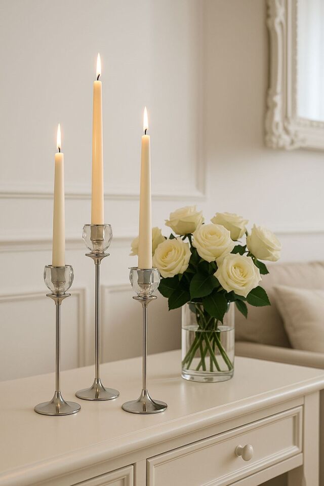 Gümüş Renkli 3'lü Kristal Cam Mumluk Seti & Gümüş Dekoratif Şamdan Takımı