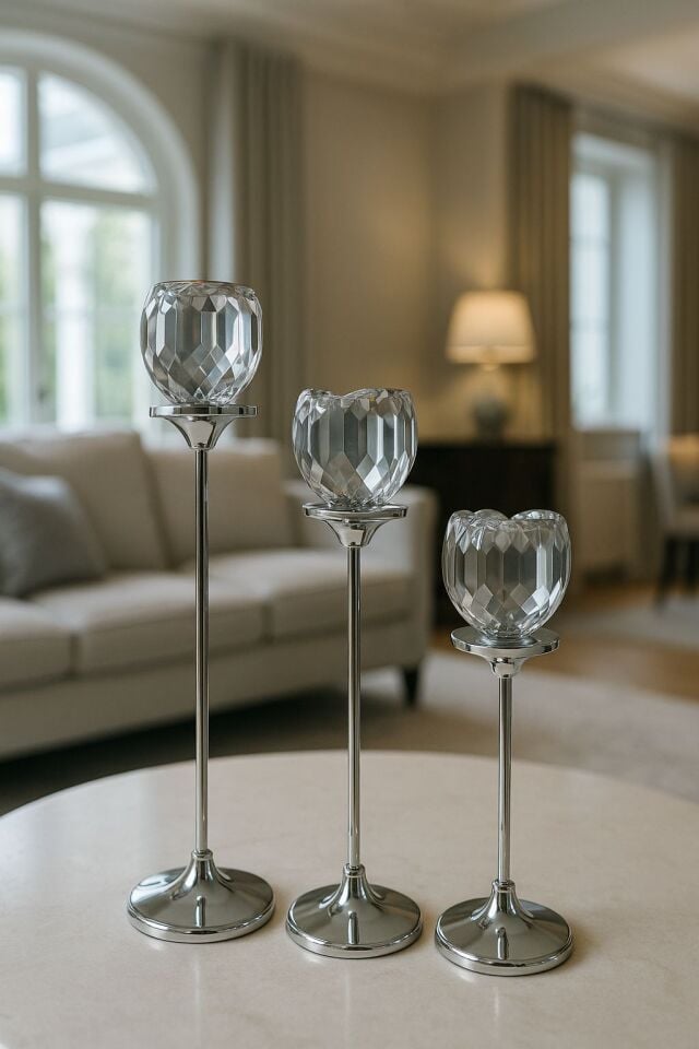 Gümüş Renkli 3'lü Kristal Cam Mumluk Seti & Gümüş Dekoratif Şamdan Takımı