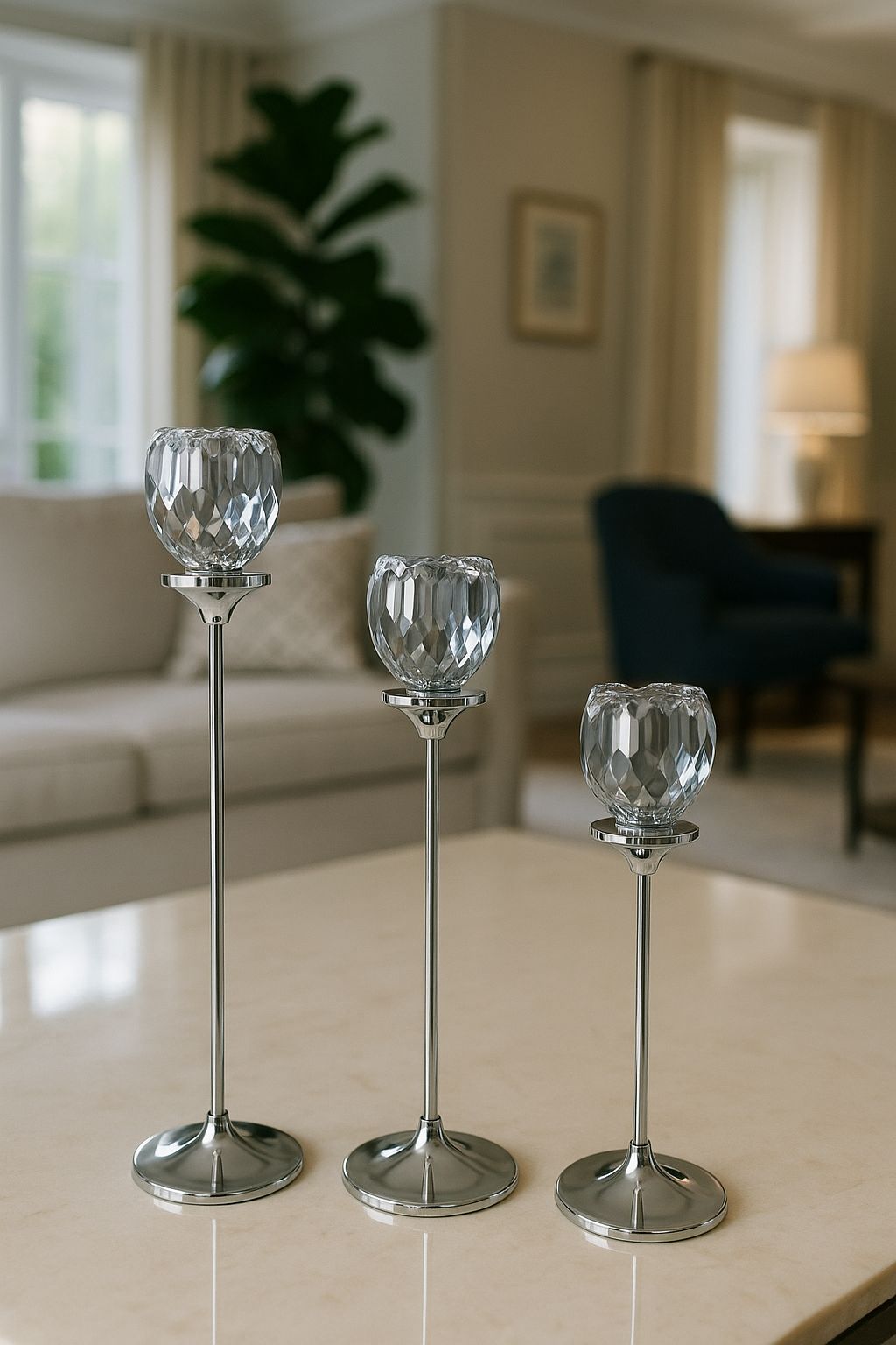 Gümüş Renkli 3'lü Kristal Cam Mumluk Seti & Gümüş Dekoratif Şamdan Takımı