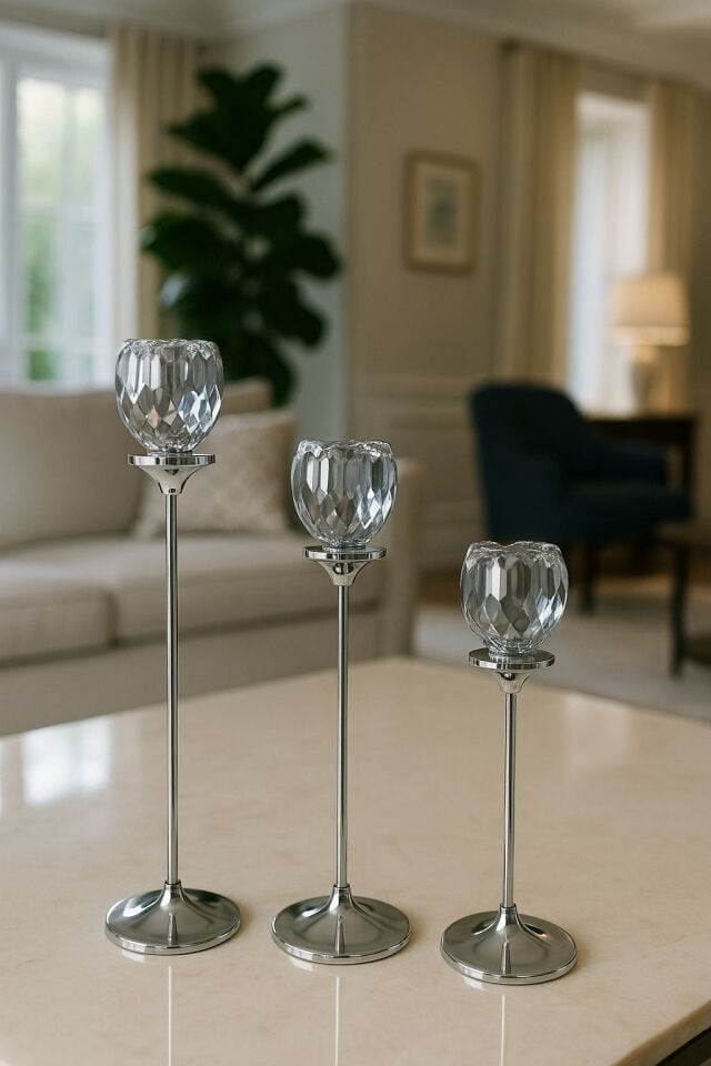 Gümüş Renkli 3'lü Kristal Cam Mumluk Seti & Gümüş Dekoratif Şamdan Takımı