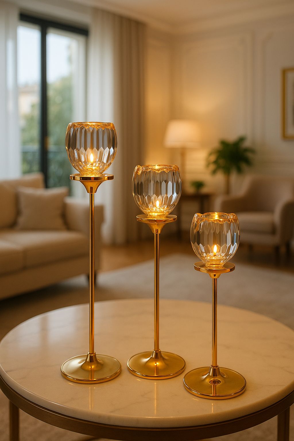 Altın Renkli 3'lü Kristal Cam Mumluk Seti & Altın Dekoratif Şamdan Takımı