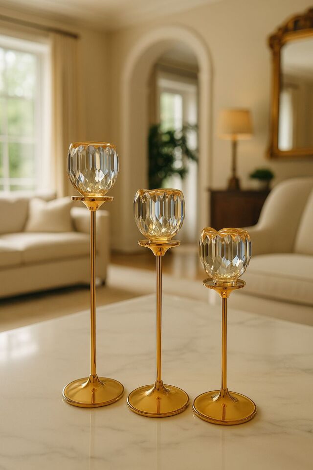 Altın Renkli 3'lü Kristal Cam Mumluk Seti & Altın Dekoratif Şamdan Takımı