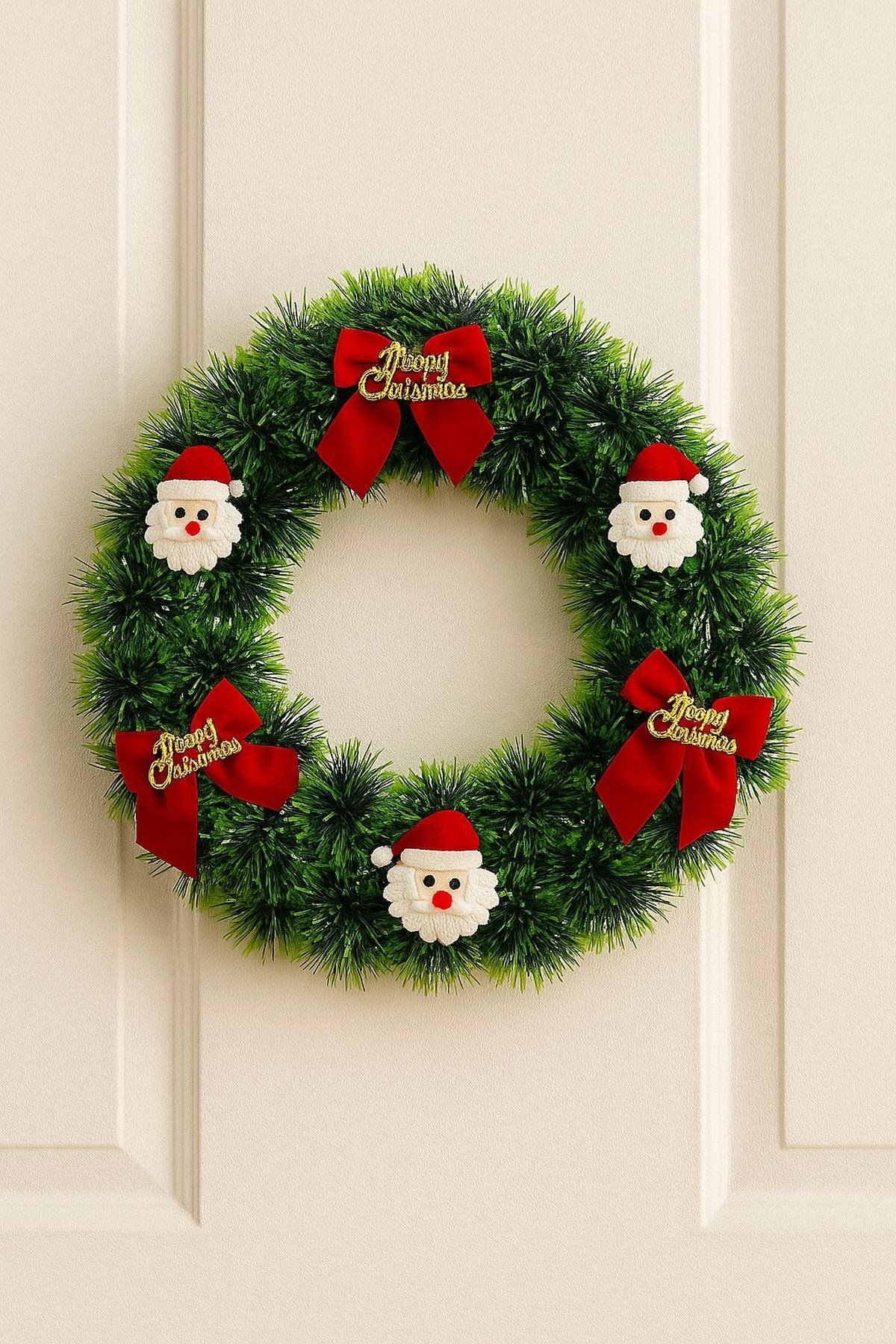 Yılbaşı Kapı Süsü Merry Christmas Çelenk 30 cm Kırmızı Kurdeleli & Noel Baba Dekoru